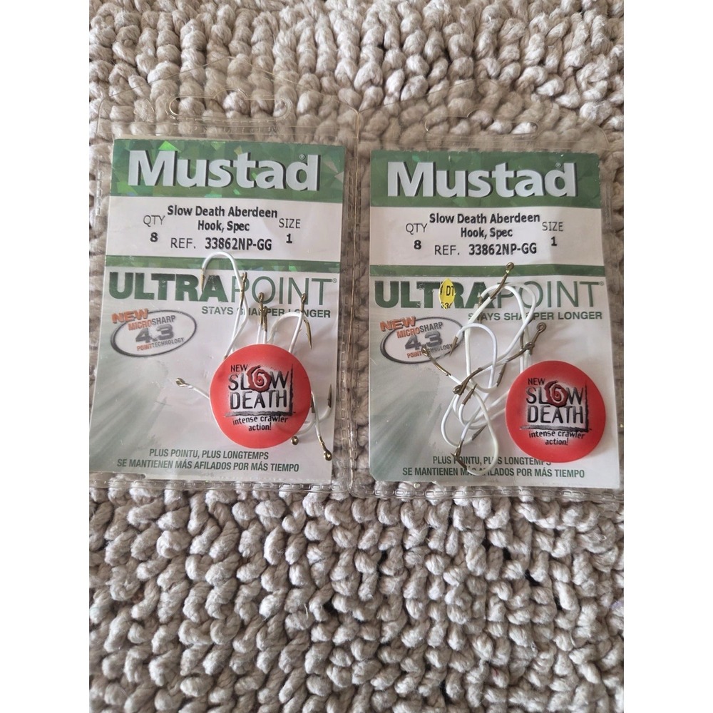 2 Pack Mustad 33862GG Glow Green Slow Death Hooks Size 1 Intense Crawler 8 Count